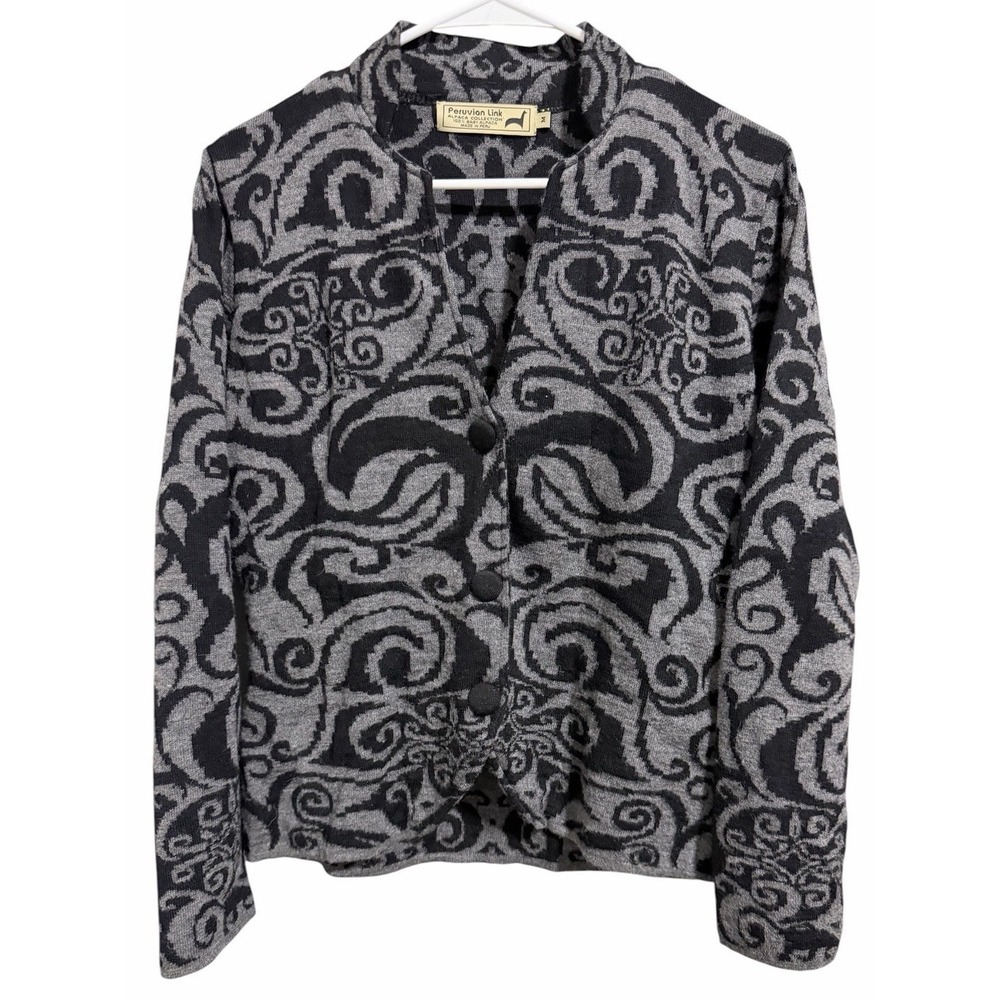 Peruvian Link‎ Cardigan Sweater 100% Baby Alpaca Black/Gray Women's Size Medium